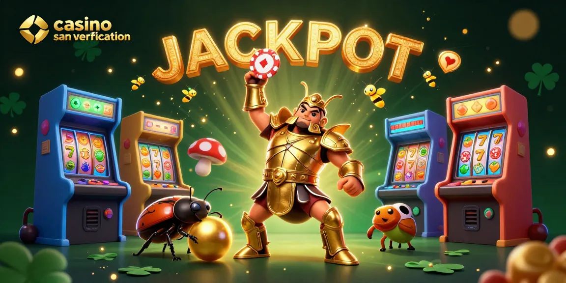 Un casino sans vérification avec un scarabée héroïque soulevant un jeton de poker et des machines à sous colorées autour.