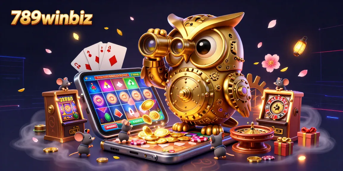 Engage with 789winbiz's vibrant casino scene featuring a golden owl, slot games, and playful mice.