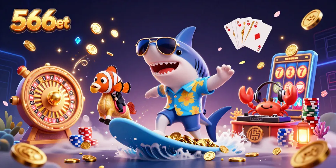 Engage thrillingly with 566bet's vibrant casino scene featuring a shark, clownfish, and crab DJ amidst gold coins.