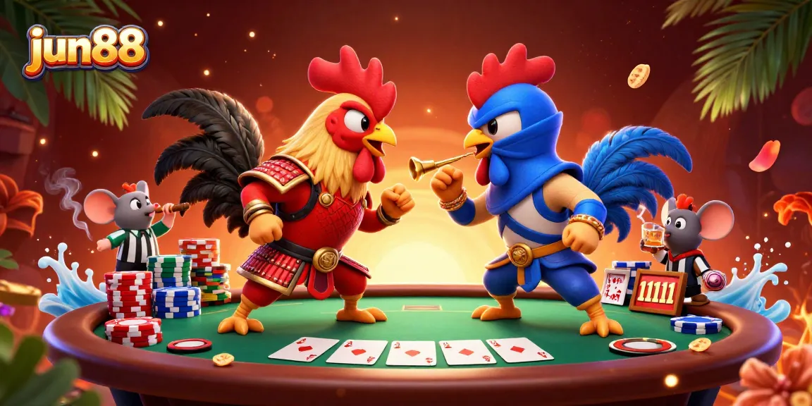 Experience thrilling action at jun88 as fighting roosters duel around poker tables in this vibrant scene.