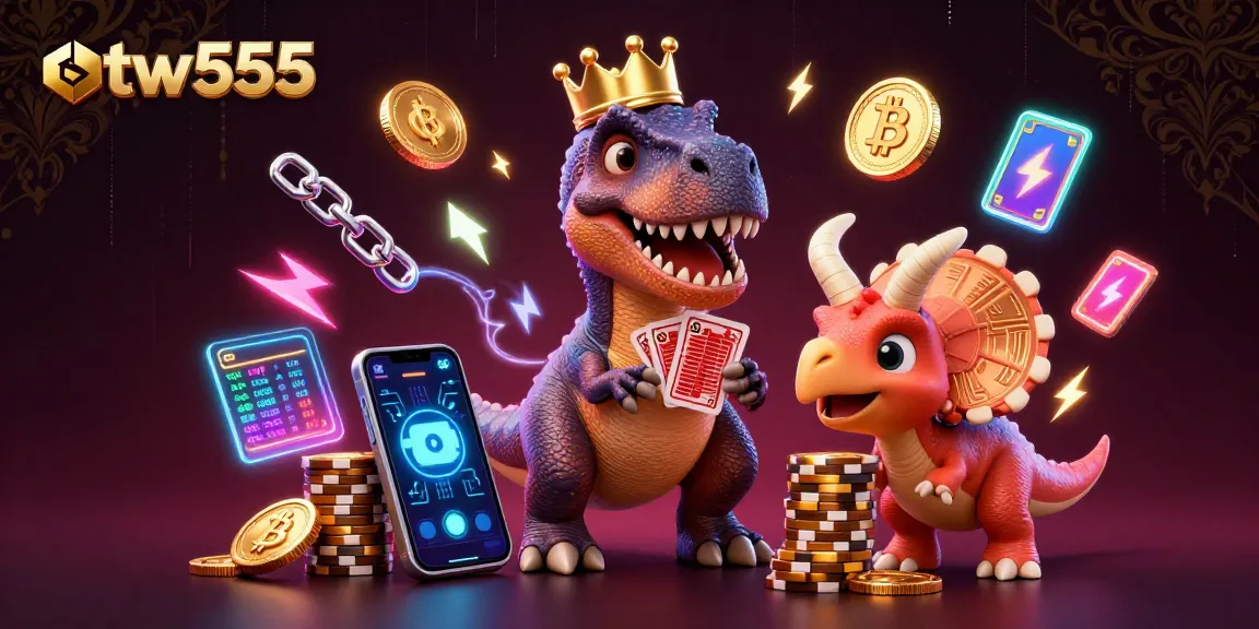 Experience thrilling gameplay with otw555 as the T-Rex attempts card shuffling amid vibrant crypto elements.