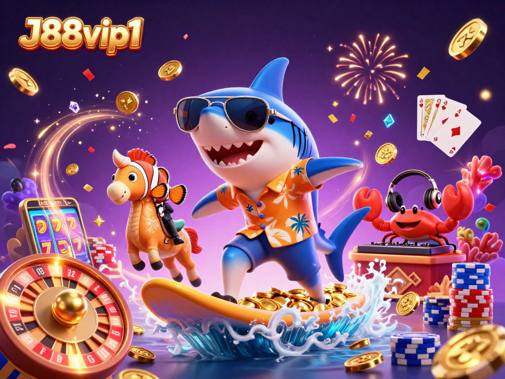 Engage with excitement at J88vip1, featuring a festive shark surfing gold coins in a vibrant casino world.