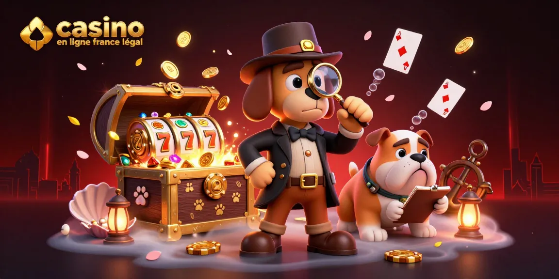 Illustration dynamique de casino en ligne légal en France avec un chien détective explorant une puce de poker dorée.