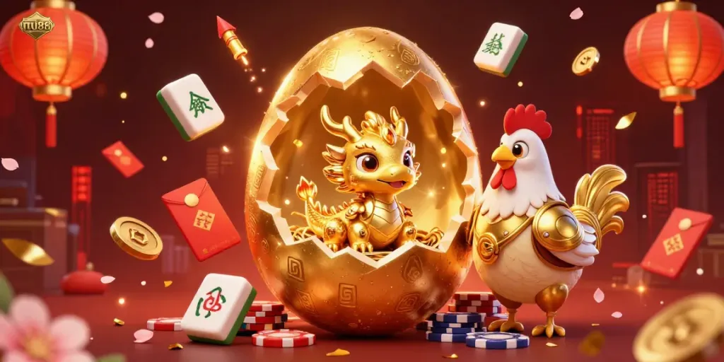 Experience mu88's vibrant animated scene of a golden dragon and poker chips amid festive gaming elements.