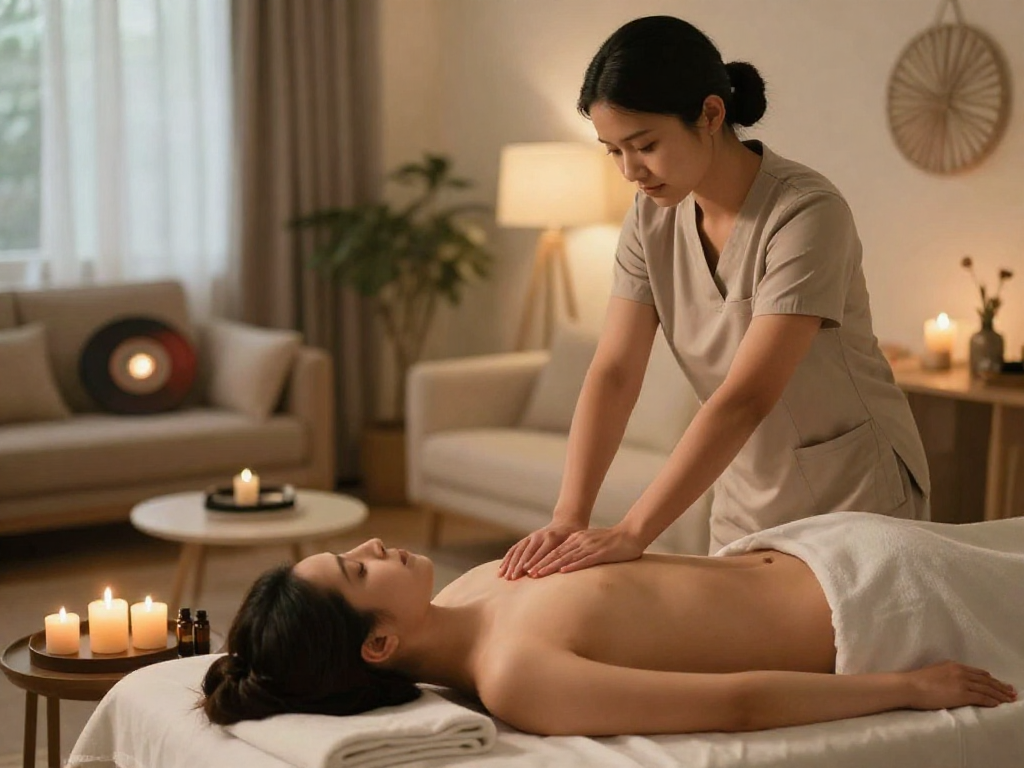 은평구출장마사지 professional massage therapist providing a tranquil home massage experience with soothing atmosphere and comforting elements.