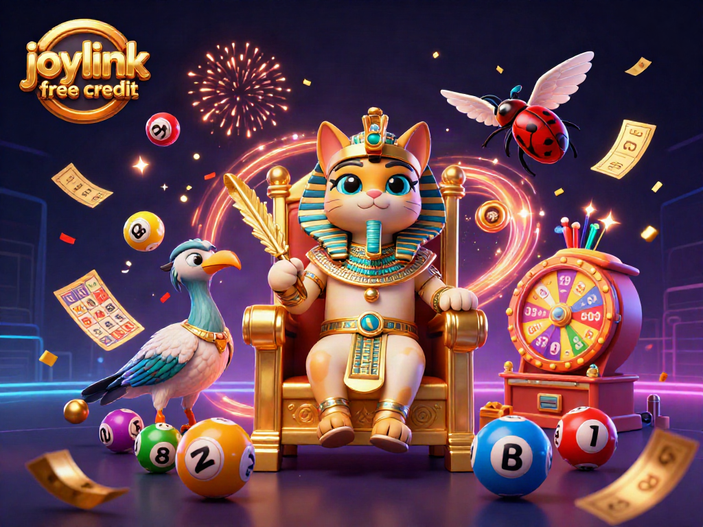 Engage with joylink free credit on a vibrant lottery scene with bouncing balls and golden elements.
