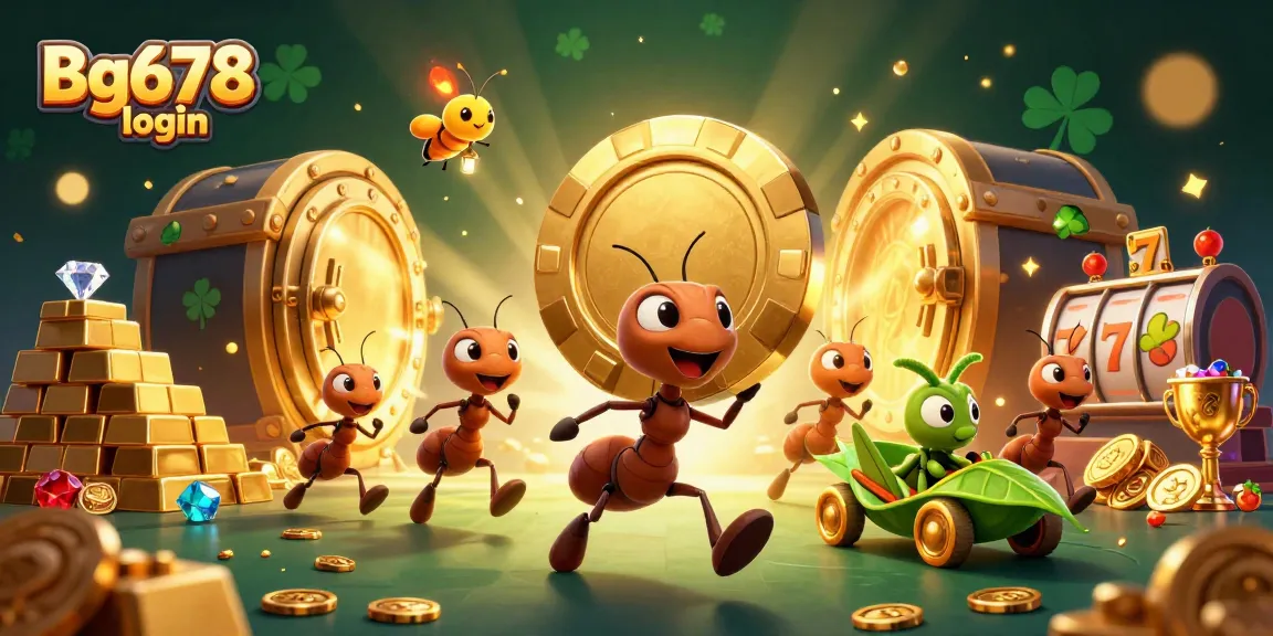 Engage with Bg678 login as ants steal a giant poker chip amid vibrant casino treasures and excitement.