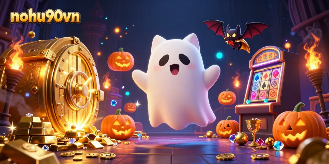The nohu90vn illustrated scene shows a playful ghost cat in a haunted casino with vibrant gaming elements.