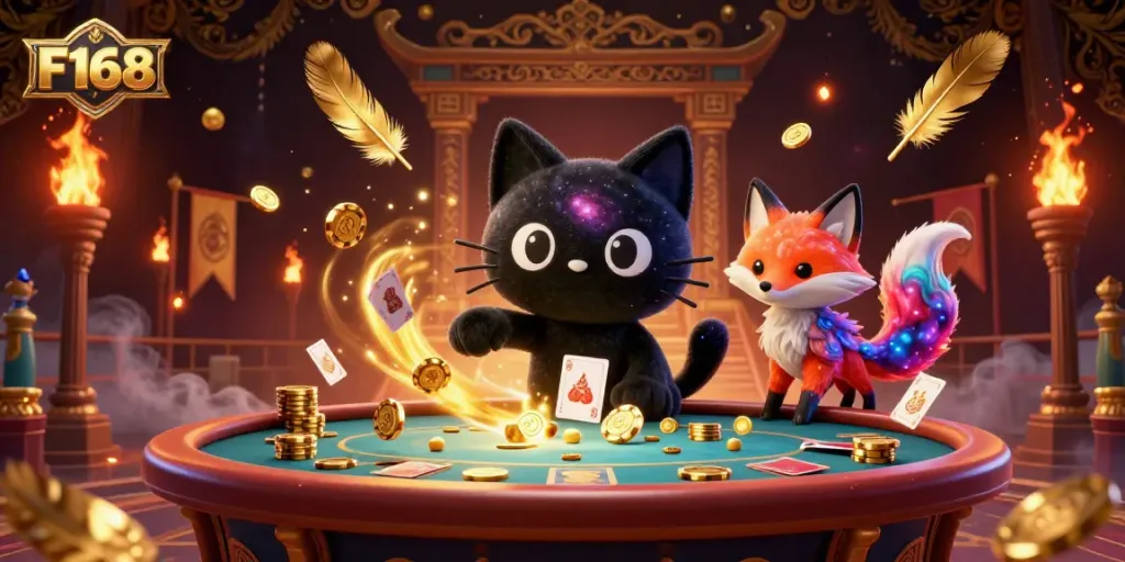 F168 cosmic casino scene featuring a black hole cat pulling in chips and cards amidst vibrant gaming elements
