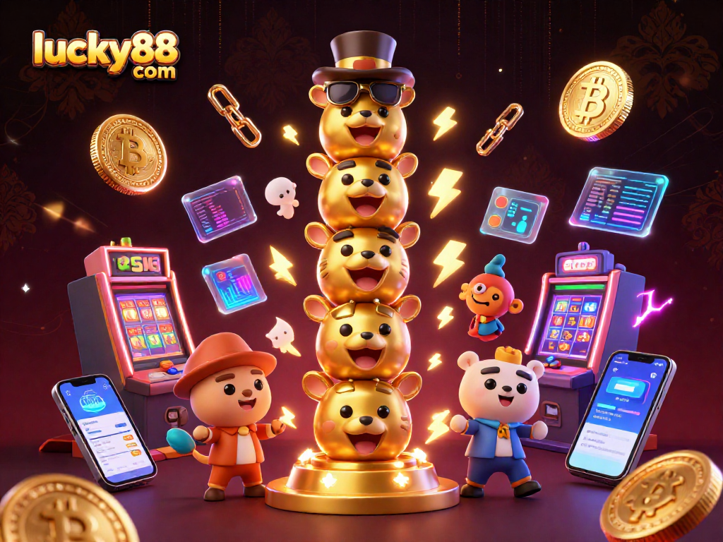 Spin the reels with lucky88 com amidst vibrant casino graphics and crypto elements.