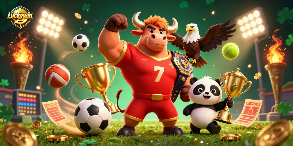 Experience Luckywin's thrill as a bull mascot celebrates victory amidst dynamic sports elements.