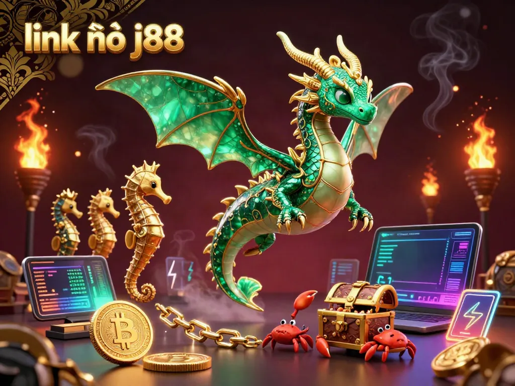 Win big at link vào j88 with this vibrant casino-themed illustration featuring a sea dragon and treasure chest.