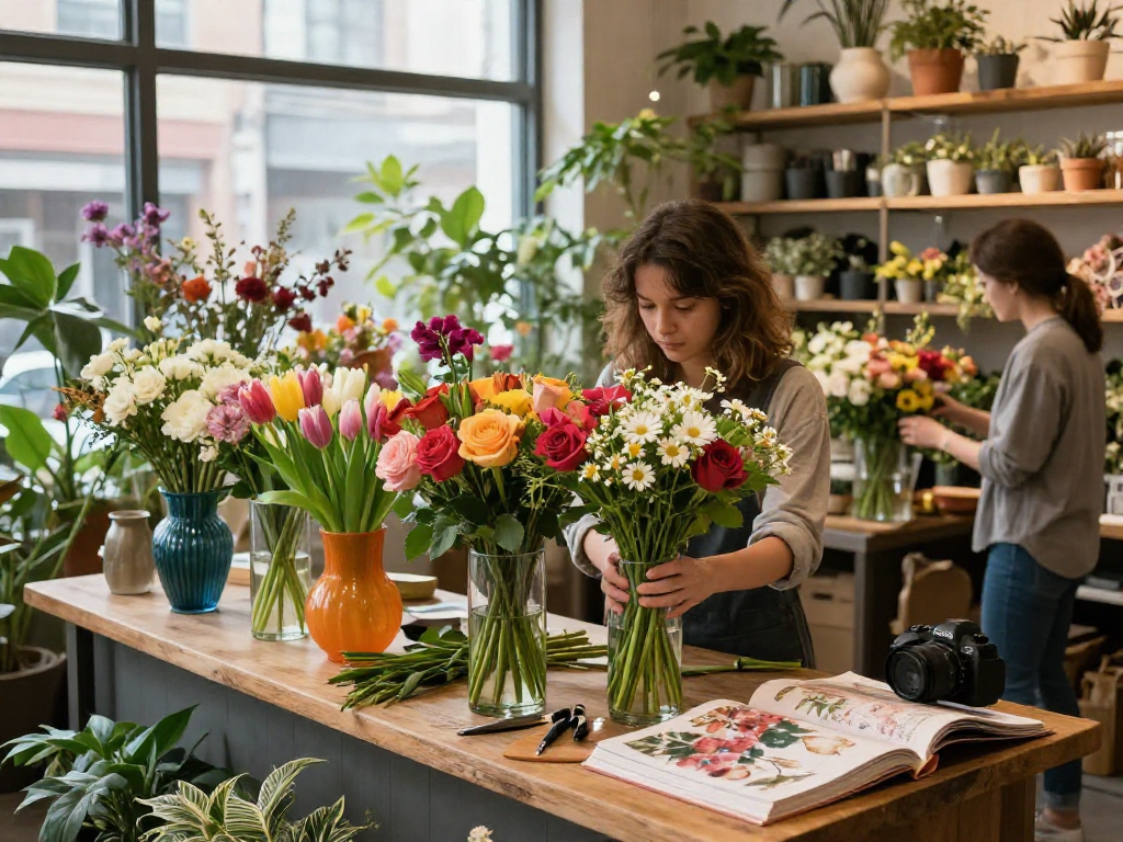 Florist creating a beautiful bouquet with seasonal flowers in a vibrant flower shop, showcasing colorful arrangements and inviting atmosphere