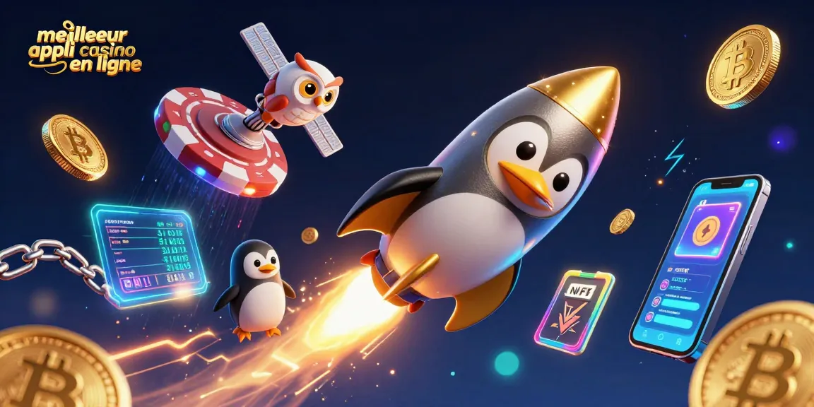 Découvrez la meilleure appli casino en ligne à travers une scène animée avec un pingouin doré et une station spatiale de poker.