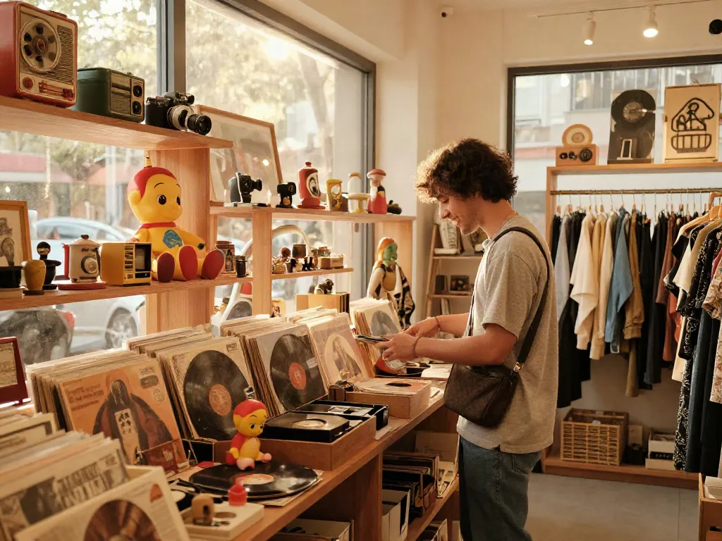 Vintage nostalgia shop displaying eclectic treasures, emphasizing rokok88 value.