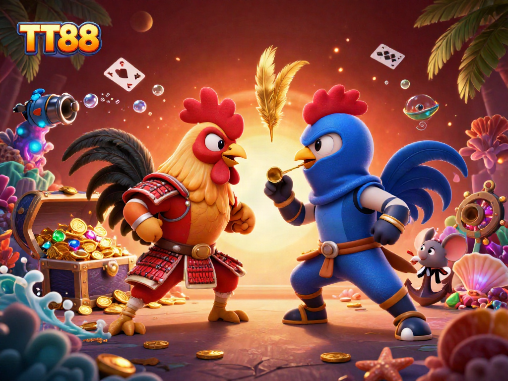 Bet on TT88 with dramatic cartoon roosters embodying the thrill of fighting games.