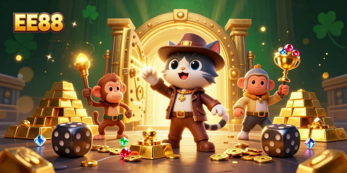 Engage with EE88's dynamic casino-themed adventure showcasing an archaeologist cat and treasure in a vibrant 3D scene.