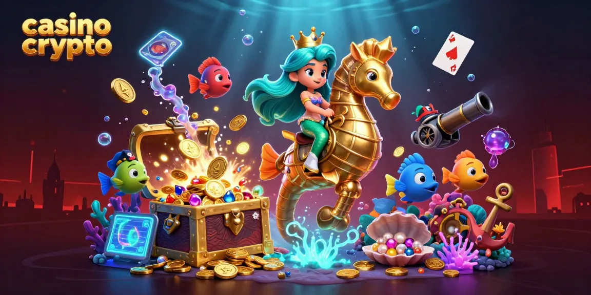 Illustration dynamique de la princesse sirène du casino crypto avec un hippocampe et des poissons pirates, entourée de trésors