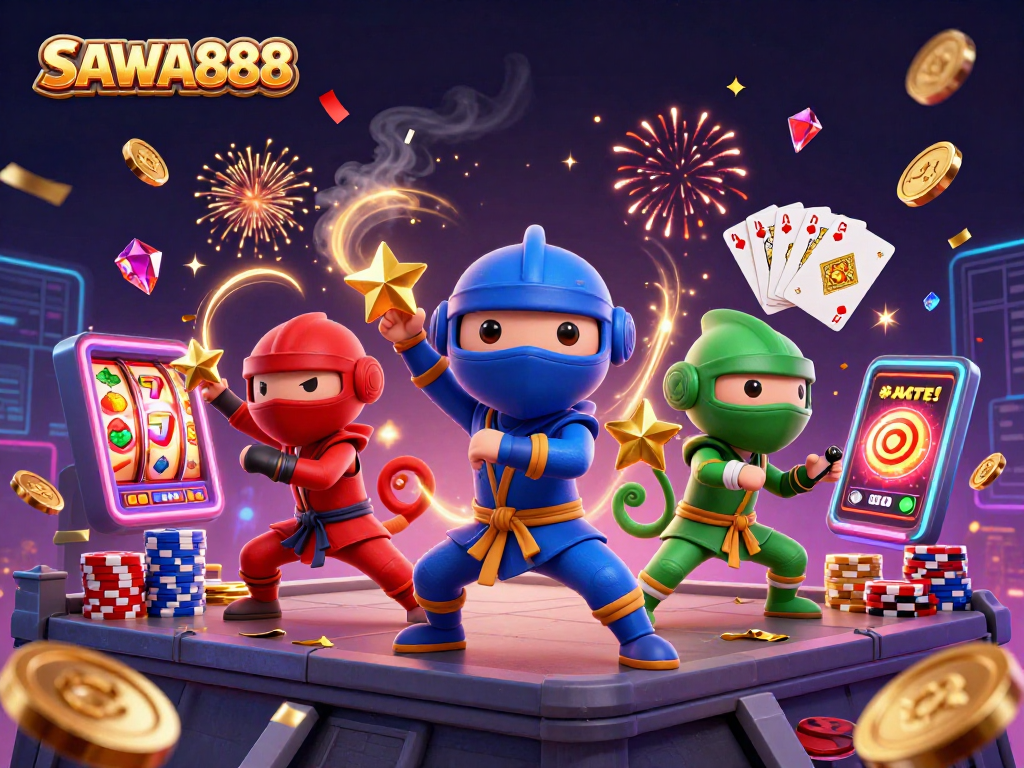 SAWA888 features a ninja chameleon team winning with slot machines and jackpots amid vibrant casino elements.