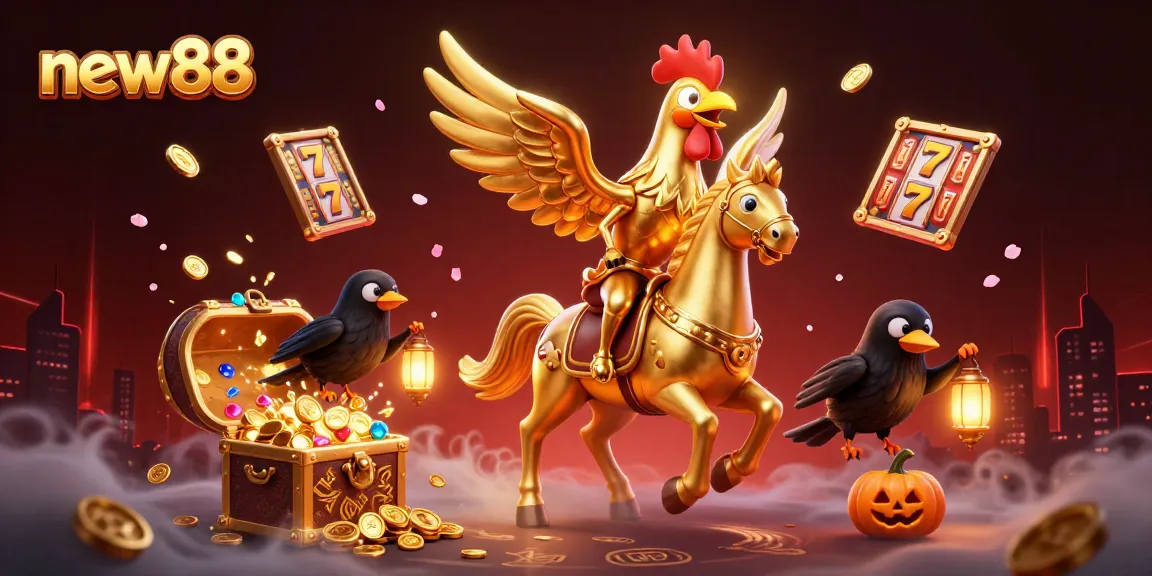 Engage with new88’s thrilling atmosphere of adventure with a golden rooster and treasures!