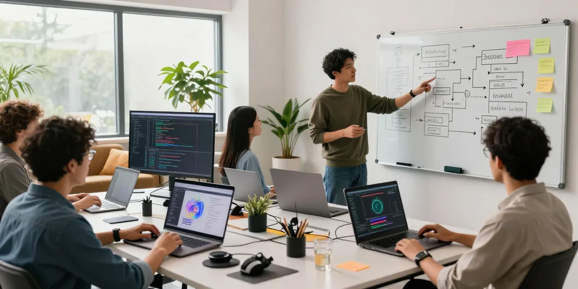 Diverse team collaborating on agentic AI projects in a bright modern office, surrounded by tech gadgets and brainstorming tools.