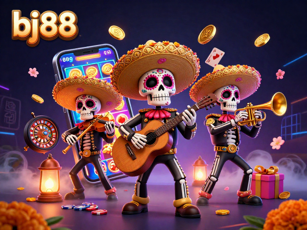 Engage with bj88's lively casino fun through vibrant Dia de los Muertos mariachi band illustration.