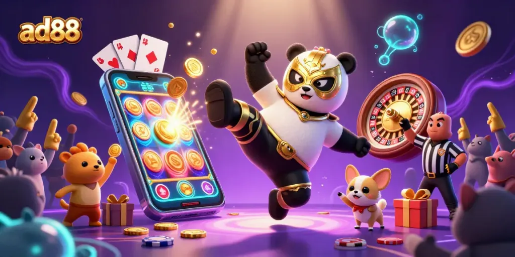 Win big with ad88’s dynamic gaming experience, highlighted by a vibrant 3D casino illustration.