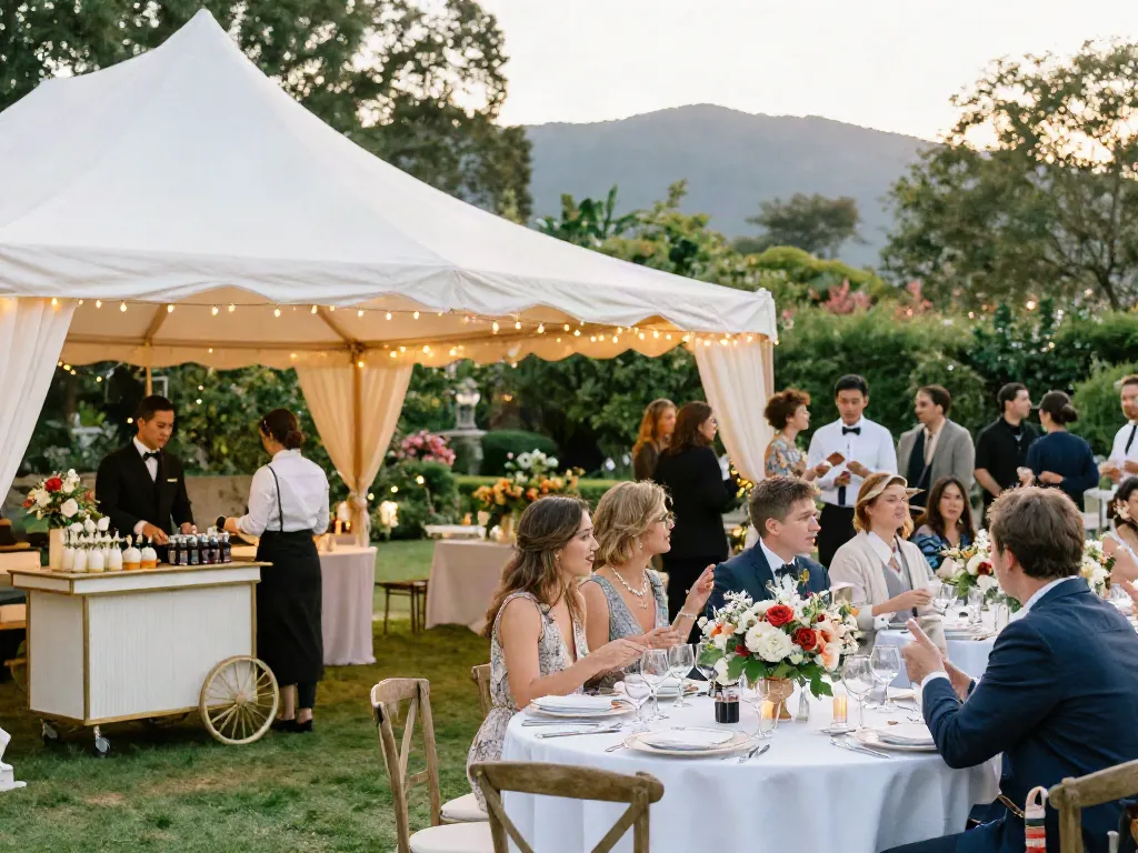 Event rentals showcasing an elegant wedding setup with a luxurious tent and guest interactions.
