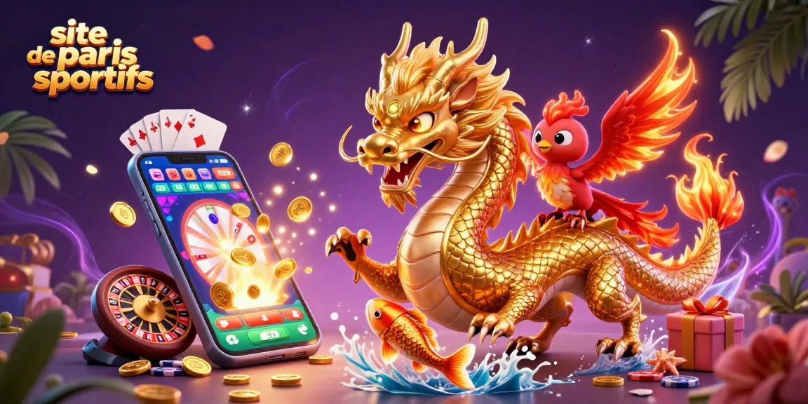 Illustration immersive du site de paris sportifs, dragon doré, poisson chanceux et éléments de jeu animés.