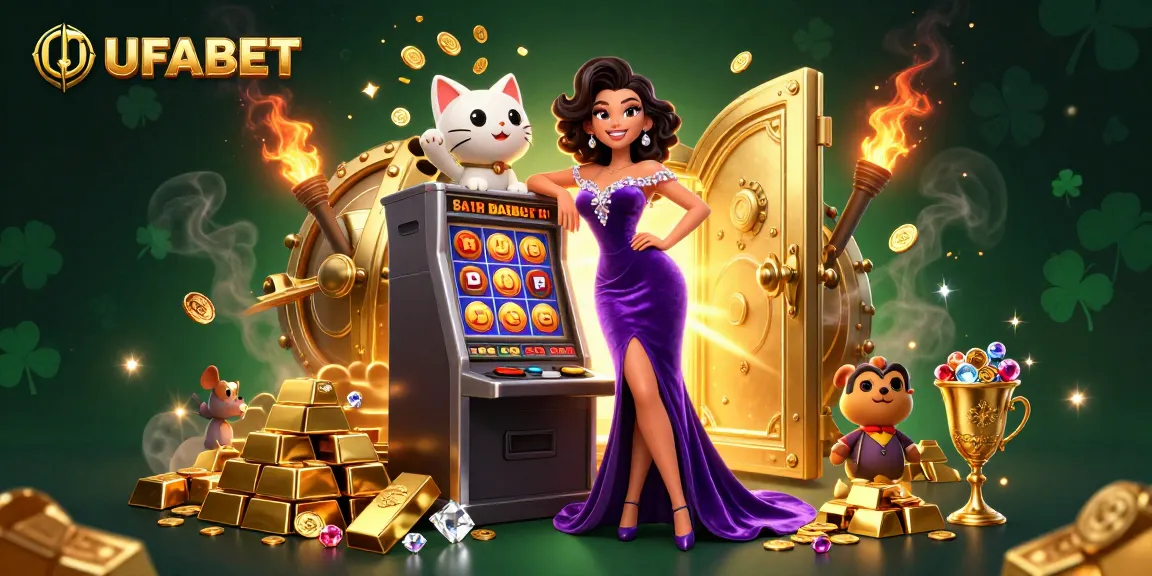 Win big at UFABET with a glamorous woman celebrating a jackpot next to a fortune cat.