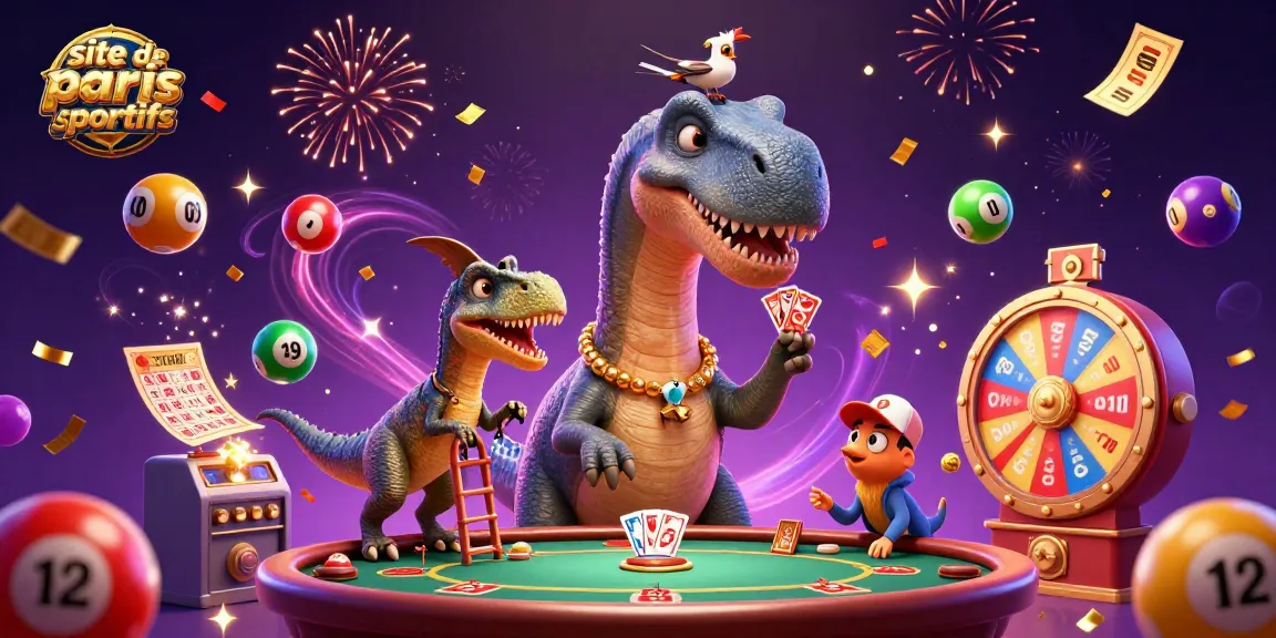 Illustration festive de brontosaurus et raptor dans un site de paris sportifs, avec des ballons de loterie colorés.