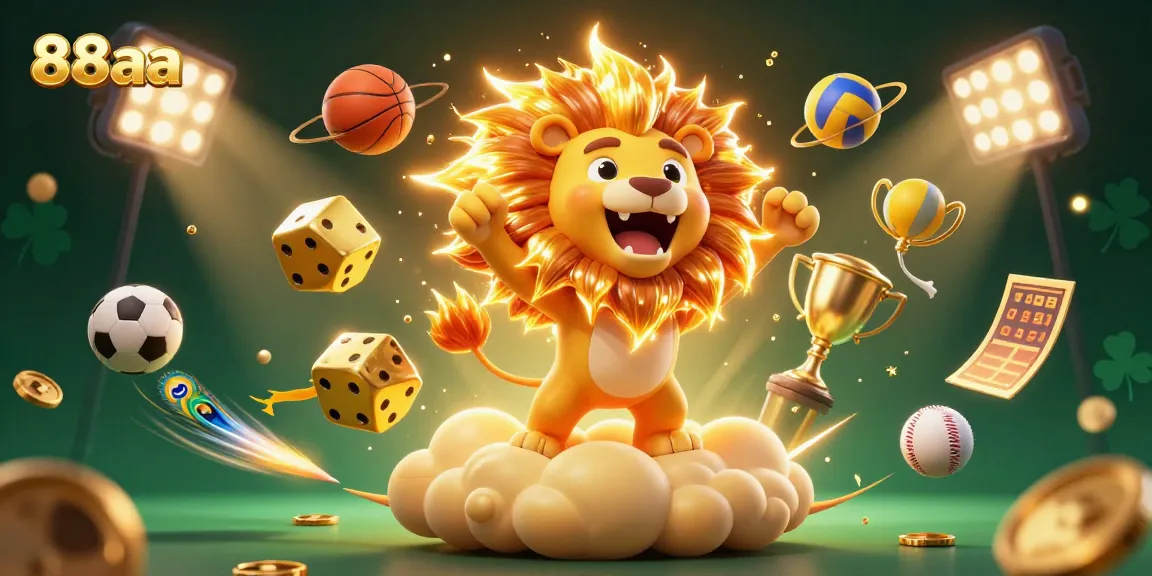 Engage with the vibrant atmosphere of 88aa, featuring a triumphant lion and dynamic sports elements showcasing thrilling gambling experiences.