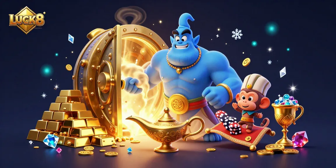 Experience LUCK8 casino magic with a genie, treasures, and poker chips in a vibrant 3D scene.