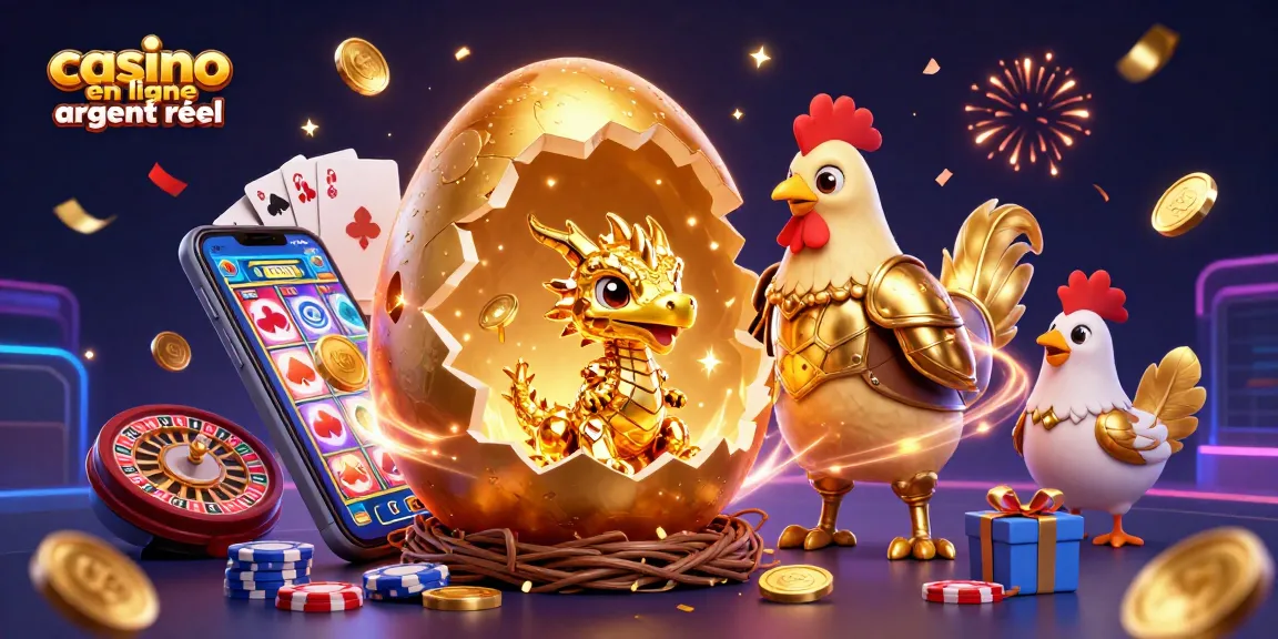 Jouer au casino en ligne argent réel avec un dragon doré et des jetons de poker dans un décor festif.