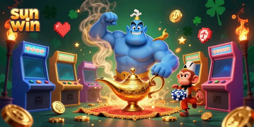 Experience the thrill of play with sun win casino characters like genies and poker chips.