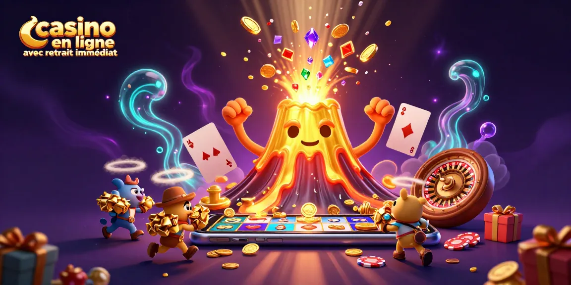Casino en ligne avec retrait immédiat : un volcan doré émettant des pièces et des animaux explorateurs.