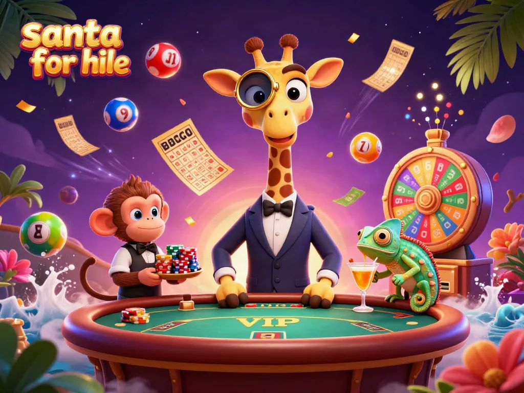 Experience the festive charm of Santa for hire at a vibrant casino gathering, featuring lively characters and dynamic elements.