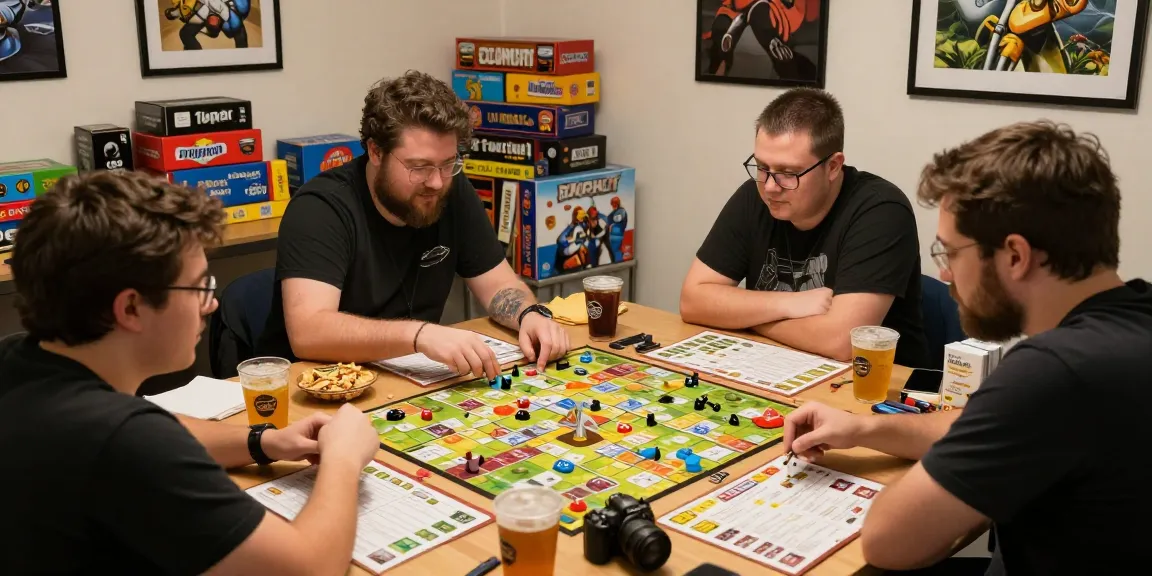 Gamer group strategizing with link slot board game in a cozy setting.