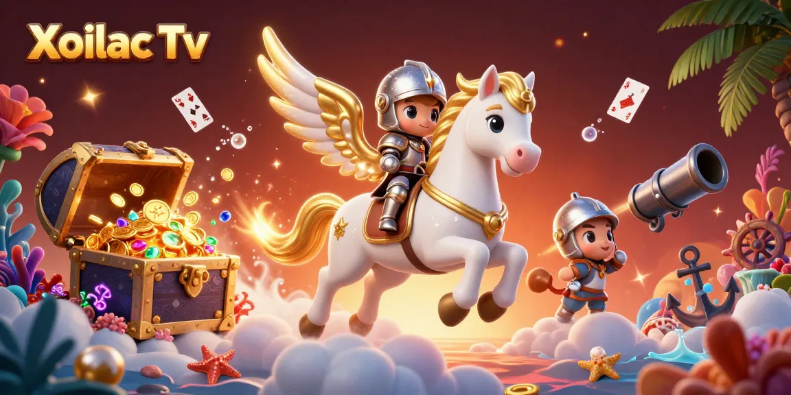 Xoilac Tv enhances the gaming adventure with a mystical scene featuring celestial elements and casino treasures.