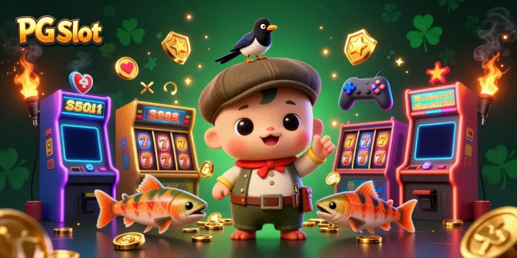 Engage with PG Slot through a colorful 3D illustration showcasing vibrant slot reels, cartoon characters, and dynamic game elements.