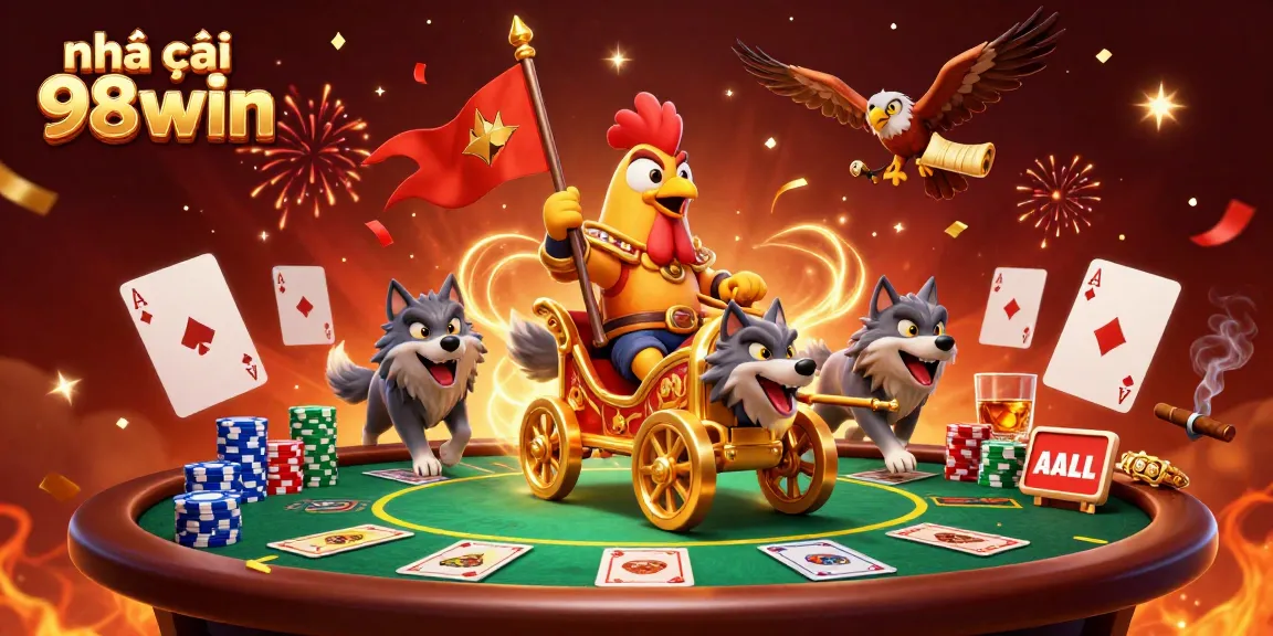 Experience the thrill at nhà cái 98win with a vibrant 3D illustration of a rooster warlord amidst poker action.