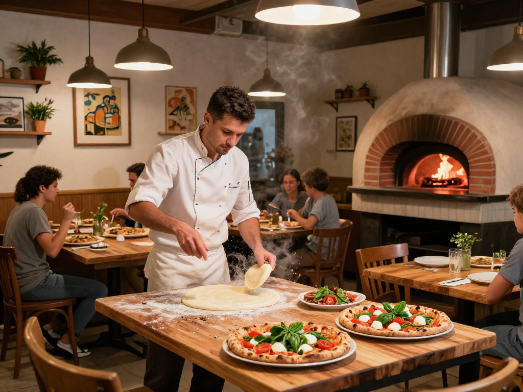 Chef tossing pizza dough in a lively pizzeria, highlighting the slot where families gather to enjoy artisanal pizza