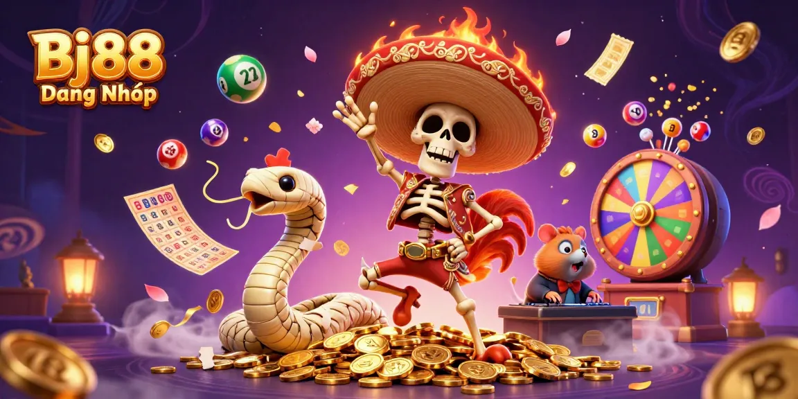 Bj88 Đăng Nhập brings fun with a dynamic party scene featuring a DJ hamster and a dancing skeleton.