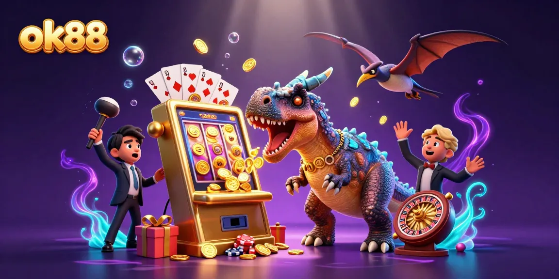 ok88 showcases a colorful gaming scene with dynamic characters and a jackpot slot machine for players.