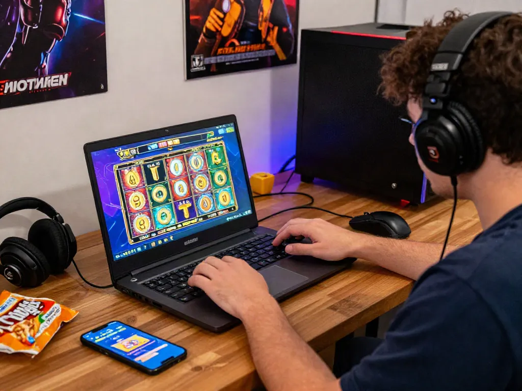 Menampilkan pemain slot yang terlibat dalam permainan online dengan aksesori gaming dan suasana yang menyenangkan.