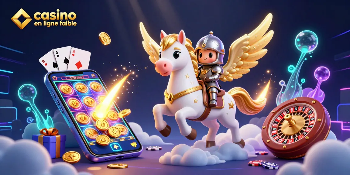 Jouez à des jeux dans un casino en ligne fiable avec un cheval ailé et des pièces d'or autour.