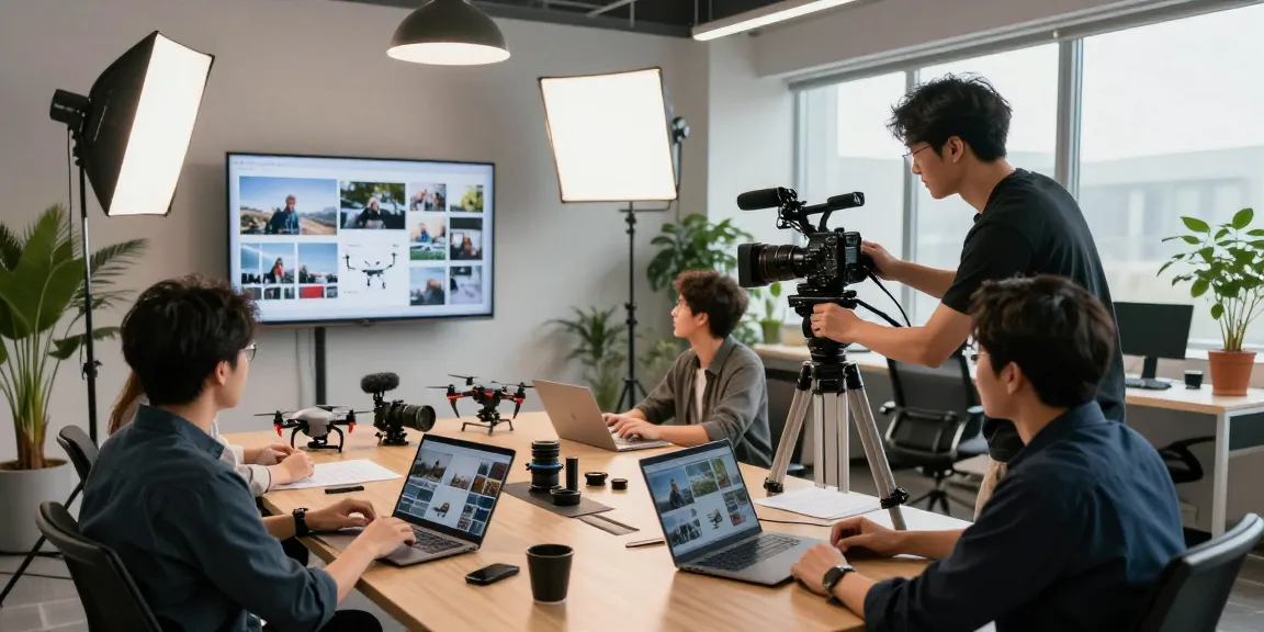 Corporate Video Production Company in Singapore filming a dynamic studio scene with a videographer adjusting equipment and team collaboration.