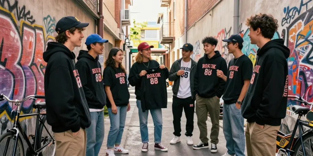 Group of friends enjoying ROKOK 88 merchandise in an urban setting.