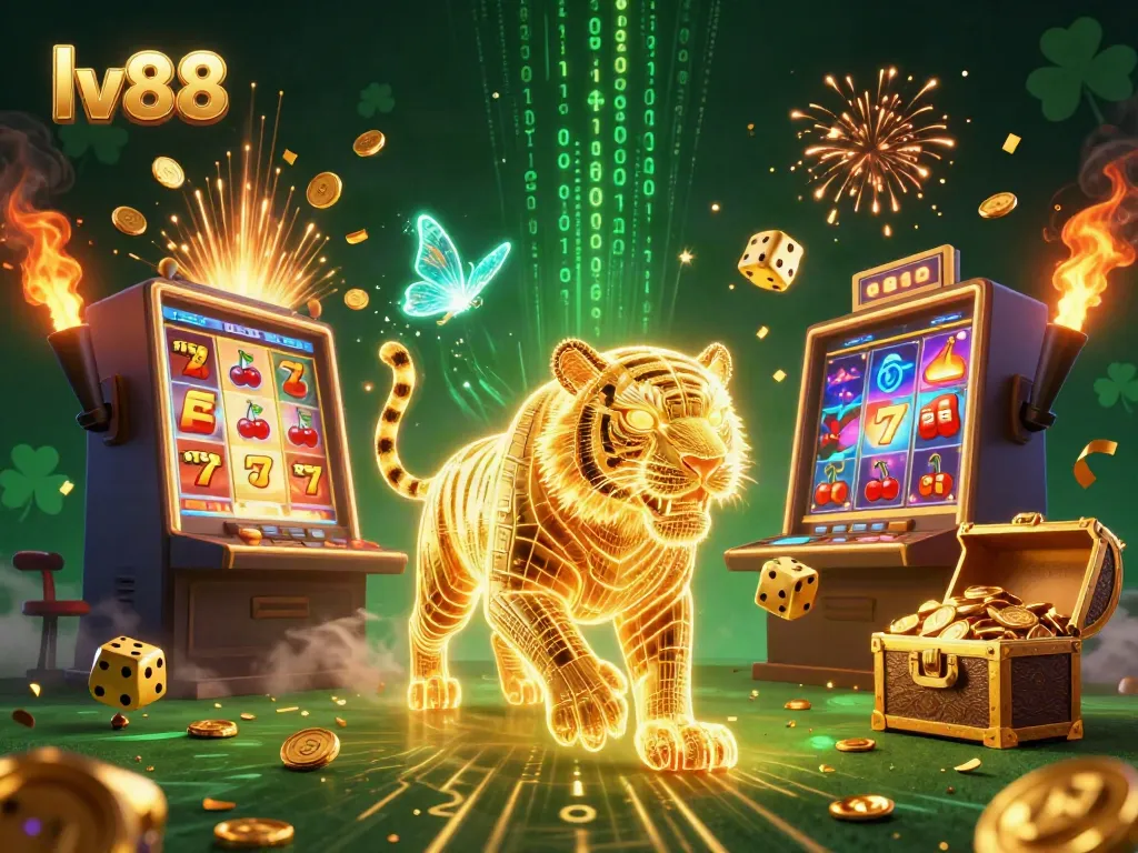 Experience excitement at lv88 with a golden tiger amidst a vibrant casino jackpot explosion.