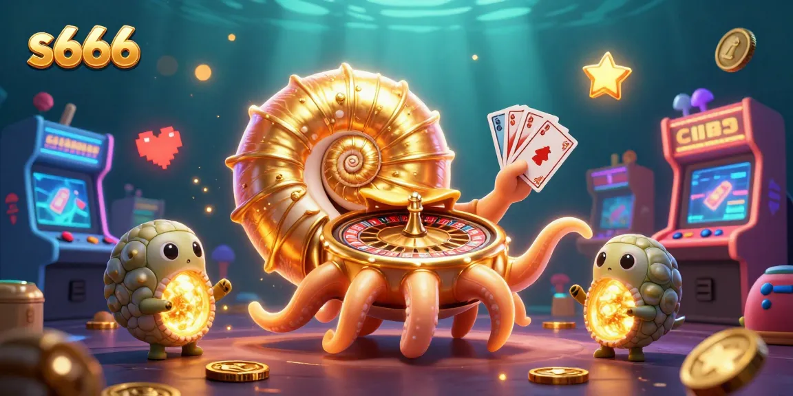 Experience thrilling games at s666 casino with vibrant illustrations of a golden nautilus roulette wheel and glowing game elements.
